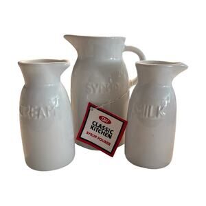 BW White Ceramic Creamer Sugar Bowl Syrup Pourer Set with Handles 6” x 3” 5” x 2
